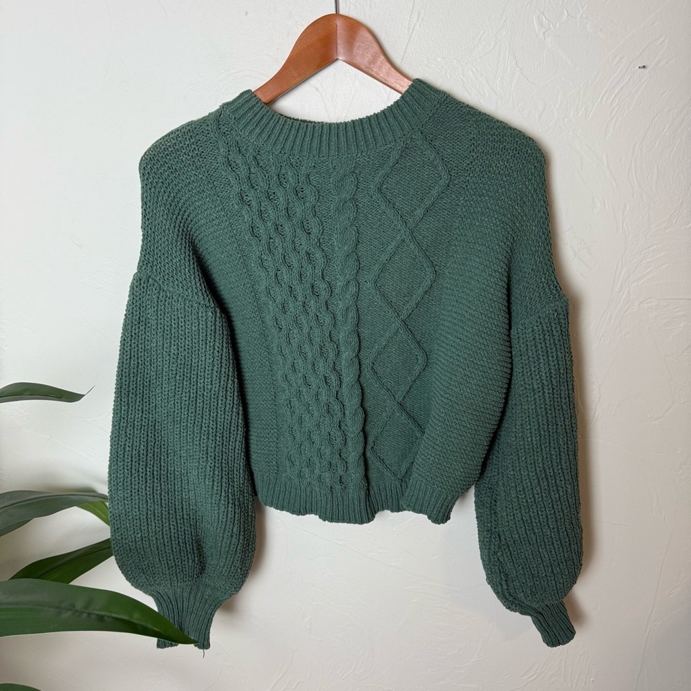 Ces Femme Green Cable Knit Cropped Sweater | Puff Sleeve | Size Small